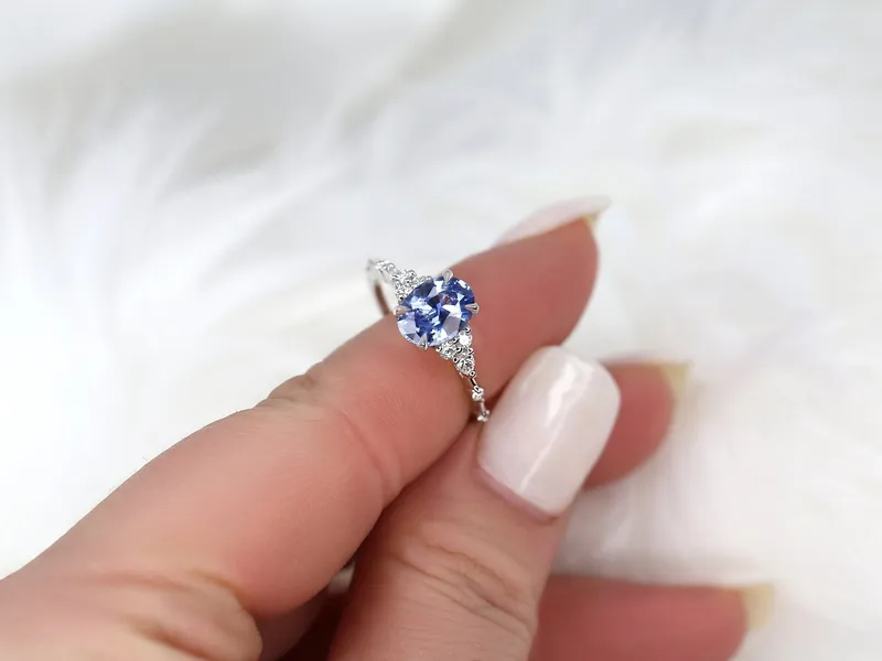 1.85ct Ready to Ship Aspen 14kt White Gold Lavender Cornflower Sapphire Diamond Oval Cluster Ring blue sapphire oval cut engagement ring