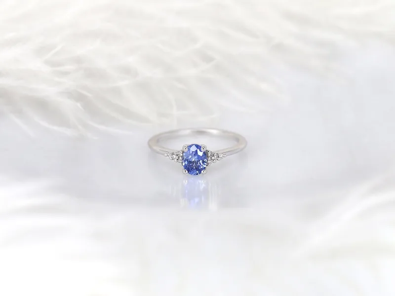 0.82ct Ready to Ship Maddy 14kt White Gold Cornflower Lavender Sapphire Diamond Art Deco Oval Cluster Ring view 6