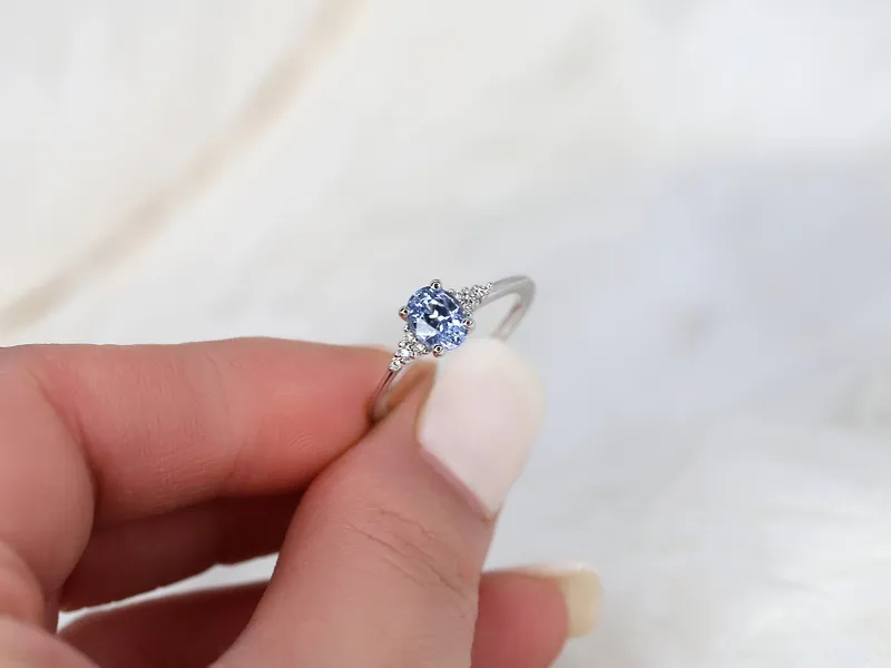 1.04ct Ready to Ship Maddy 14kt White Gold Cornflower Sapphire Diamond Oval Cluster 3 Stone Ring view 7