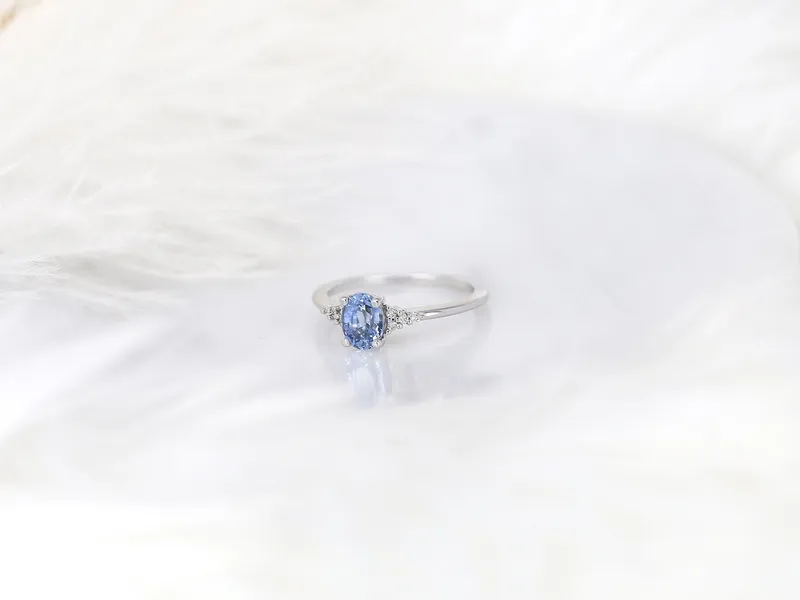 1.04ct Ready to Ship Maddy 14kt White Gold Cornflower Sapphire Diamond Oval Cluster 3 Stone Ring view 4