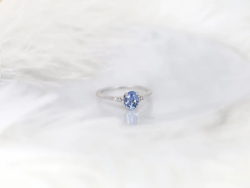 1.04ct Ready to Ship Maddy 14kt White Gold Cornflower Sapphire Diamond Oval Cluster 3 Stone Ring view 5