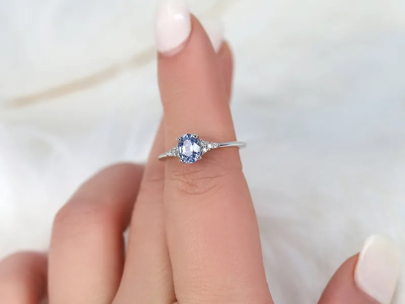 1.04ct Ready to Ship Maddy 14kt White Gold Cornflower Sapphire Diamond Oval Cluster 3 Stone Ring view 8
