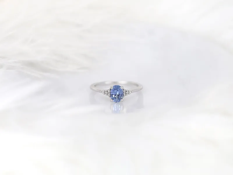 1.04ct Ready to Ship Maddy 14kt White Gold Cornflower Sapphire Diamond Oval Cluster 3 Stone Ring view 3