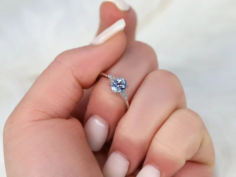 1.04ct Ready to Ship Maddy 14kt White Gold Cornflower Sapphire Diamond Oval Cluster 3 Stone Ring blue sapphire oval cut engagement ring