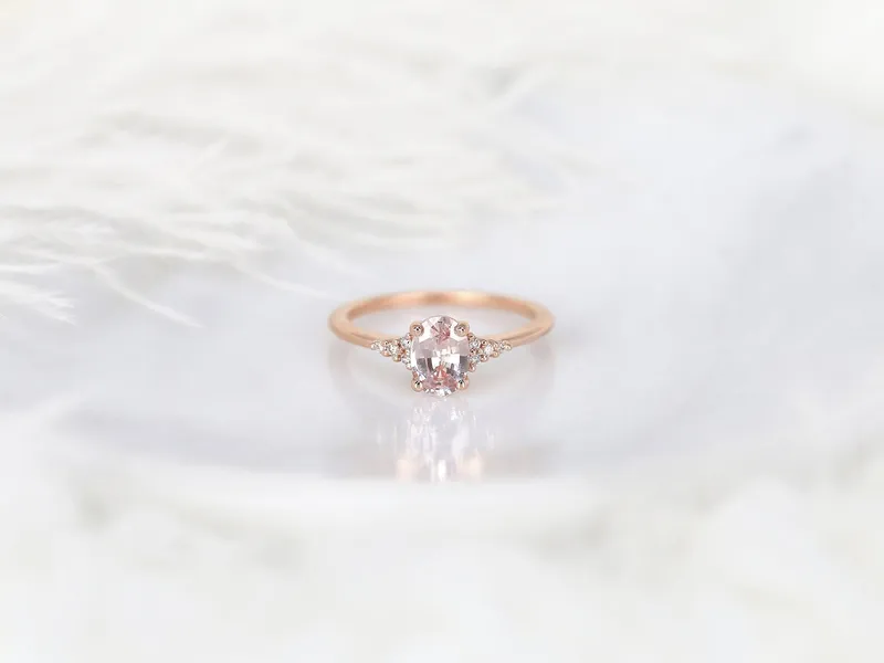 0.91cts Ready to Ship Maddy 14kt Rose Gold Blush Peach Sapphire Diamond Cluster 3 Stone Oval Cluster Ring view 3