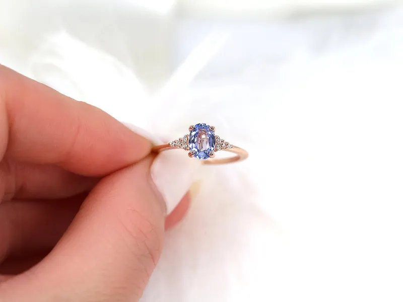 1.09ct Ready to Ship Maddy 14kt Rose Gold Cornflower Sapphire Diamond Oval Cluster 3 Stone Ring view 8