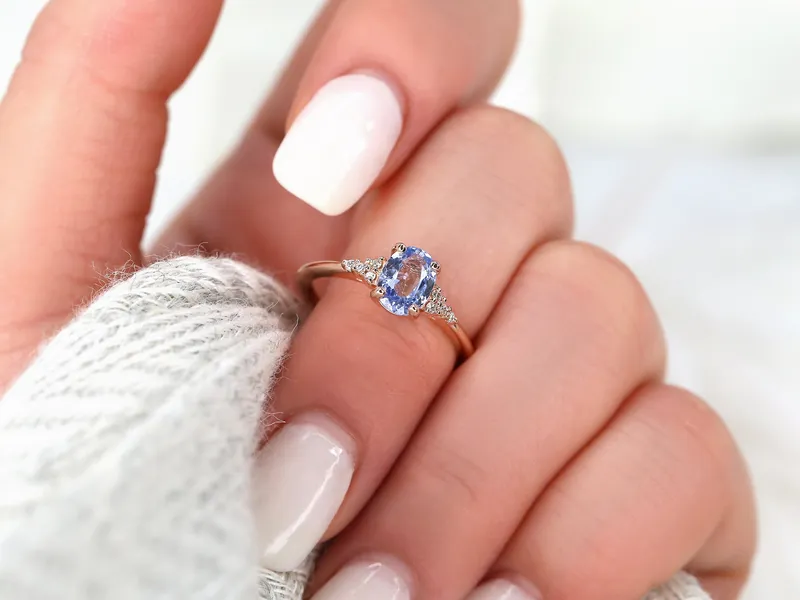 1.09ct Ready to Ship Maddy 14kt Rose Gold Cornflower Sapphire Diamond Oval Cluster 3 Stone Ring view 6
