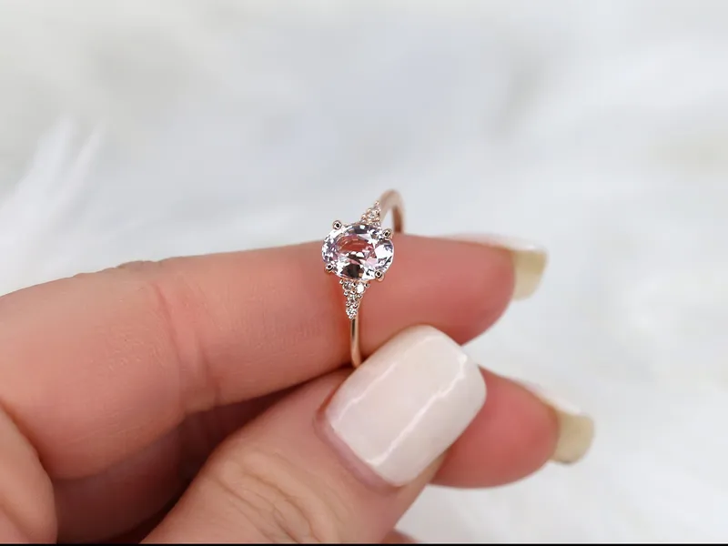 1.78ct Ready to Ship Maddy 14kt Rose Gold Blush Peach Sapphire Diamond 3 Stone Oval Cluster Ring view 2