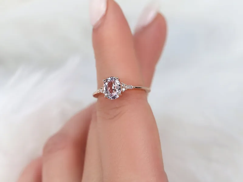 1.78ct Ready to Ship Maddy 14kt Rose Gold Blush Peach Sapphire Diamond 3 Stone Oval Cluster Ring view 3