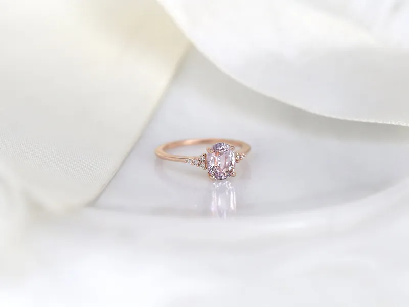 1.78ct Ready to Ship Maddy 14kt Rose Gold Blush Peach Sapphire Diamond 3 Stone Oval Cluster Ring view 4