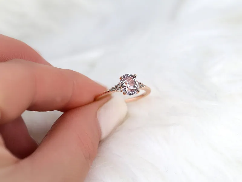 1.78ct Ready to Ship Maddy 14kt Rose Gold Blush Peach Sapphire Diamond 3 Stone Oval Cluster Ring peach sapphire oval cut engagement ring