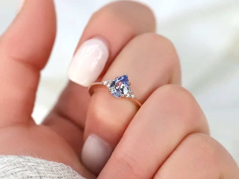 1.02ct Ready to Ship Juliet 14kt Rose Gold Lavender Cornflower Sapphire Diamond Art Deco Pear Cluster Ring vy 7