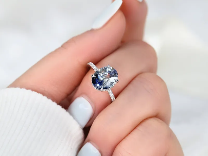 3.77ct Ready to Ship Low Viviana 14kt White Gold Tsunami Galaxy Blue Sapphire Oval Scarf Halo Ring vy 4