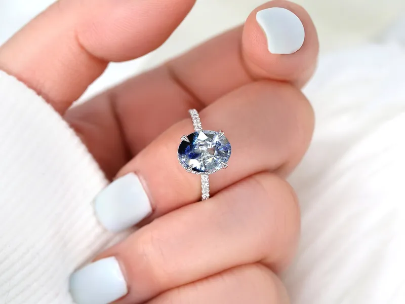 3.77ct Ready to Ship Low Viviana 14kt White Gold Tsunami Galaxy Blue Sapphire Oval Scarf Halo Ring vy 5