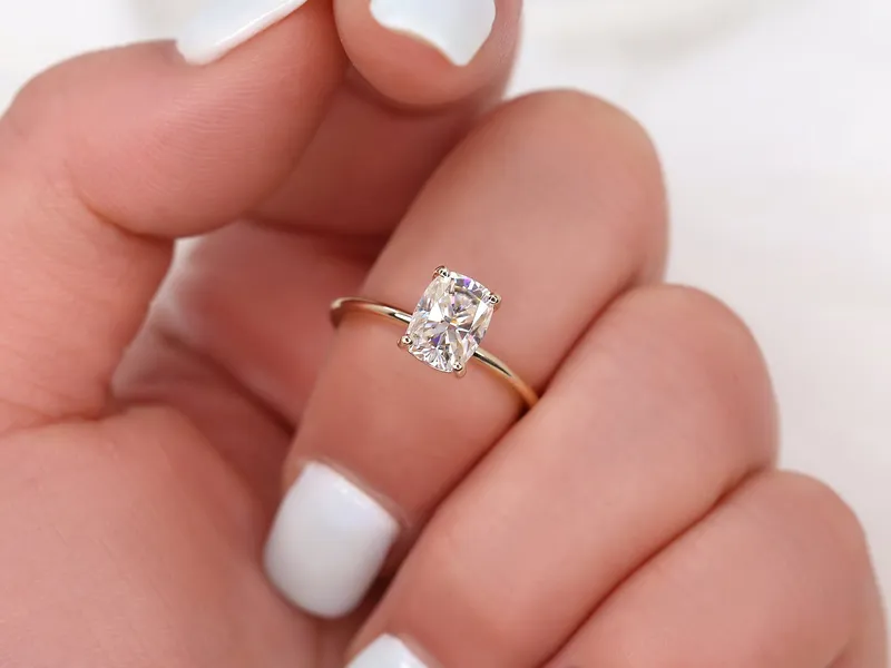 1.50ct Lola 8x6mm 14kt Gold Moissanite Ultra Dainty Elongated Cushion Solitaire Ring view 2