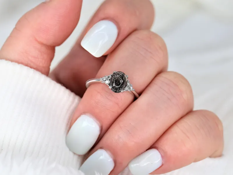 Juniper 8x6mm 14kt Gold Tourmalinated Quartz Diamond Art Deco Oval Cluster Ring vy 3