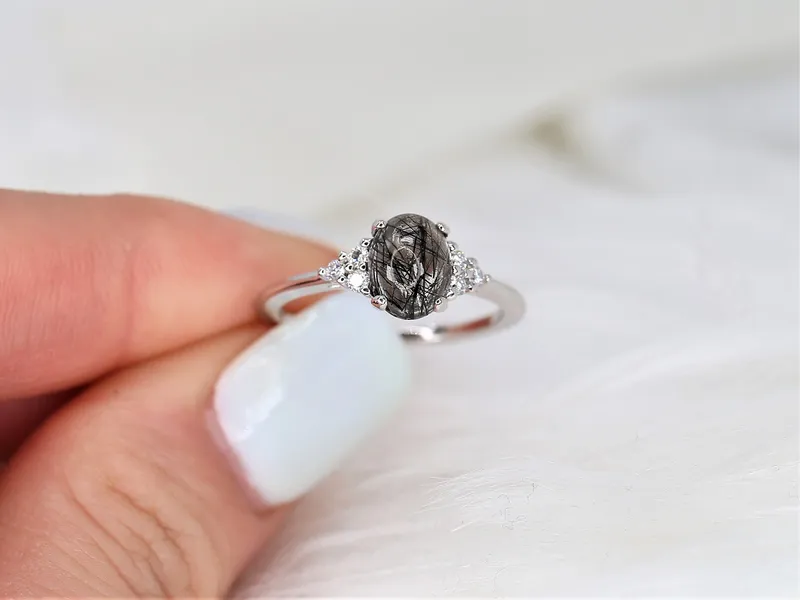 Juniper 8x6mm 14kt Gold Tourmalinated Quartz Diamond Art Deco Oval Cluster Ring vy 2