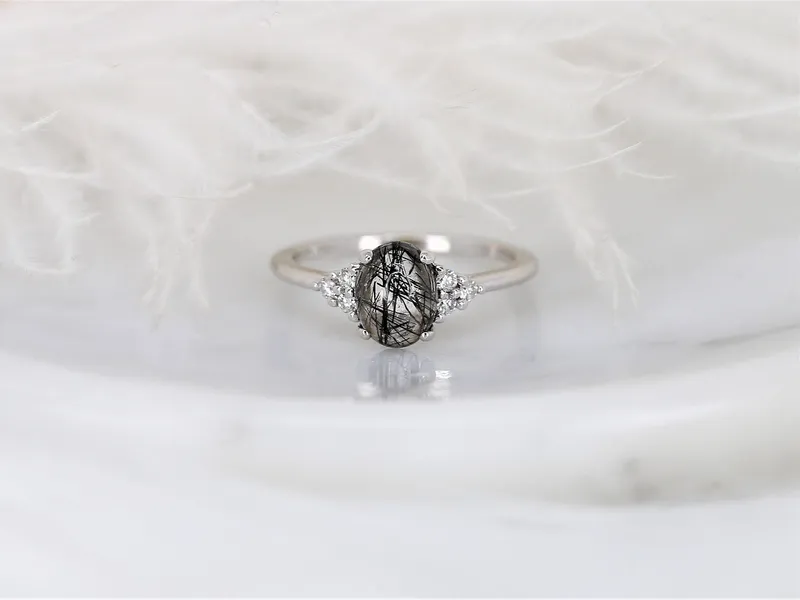 Juniper 8x6mm 14kt Gold Tourmalinated Quartz Diamond Art Deco Oval Cluster Ring vy 5