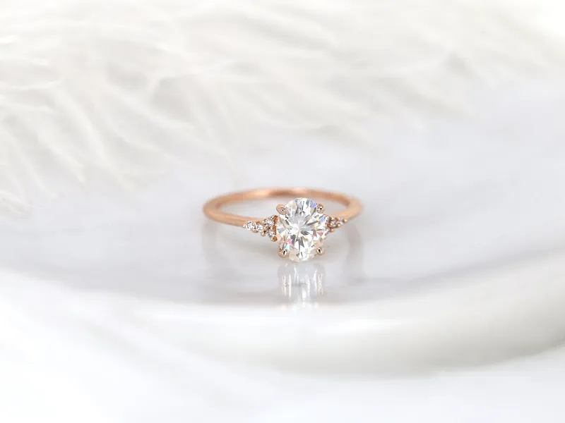 Ready to Ship Maddy 7x5mm 14kt YELLOW Gold Forever One Moissanite Diamonds Dainty Oval 3 Stone Engagement Ring,Oval Cluster Ring view 3