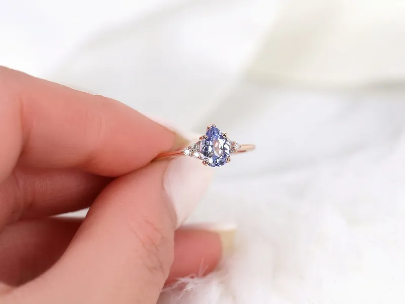 1.02ct Ready to Ship Juliet 14kt Rose Gold Lavender Cornflower Sapphire Diamond Art Deco Pear Cluster Ring vy 8