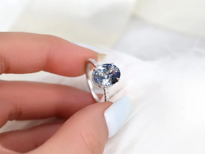 3.77ct Ready to Ship Low Viviana 14kt White Gold Tsunami Galaxy Blue Sapphire Oval Scarf Halo Ring vy 3