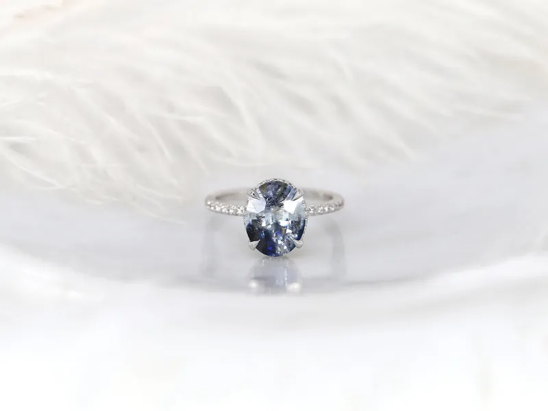 3.77ct Ready to Ship Low Viviana 14kt White Gold Tsunami Galaxy Blue Sapphire Oval Scarf Halo Ring vy 6