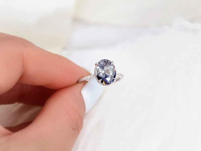 3.77ct Ready to Ship Low Viviana 14kt White Gold Tsunami Galaxy Blue Sapphire Oval Scarf Halo Ring vy 2