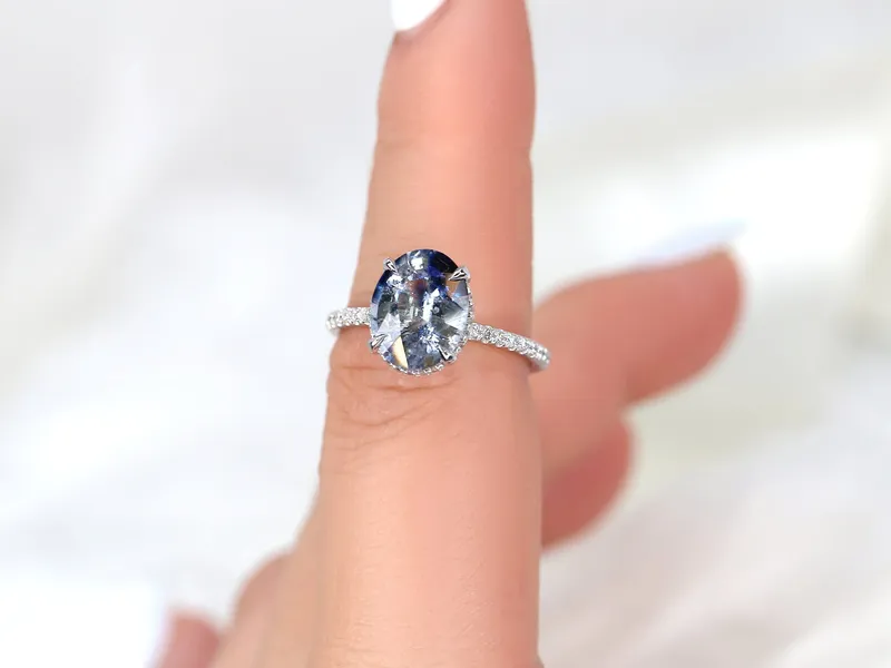 3.77ct Ready to Ship Low Viviana 14kt White Gold Tsunami Galaxy Blue Sapphire Oval Scarf Halo Ring blue sapphire oval cut engagement ring