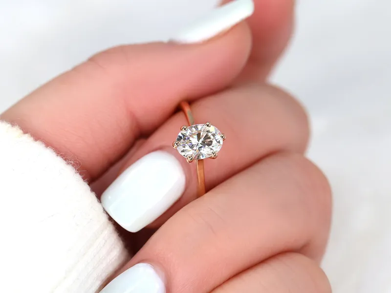 1.50ct Skinny Lexus 8x6mm 14kt Gold Moissanite Six Prong Oval Solitaire Ring vy 4