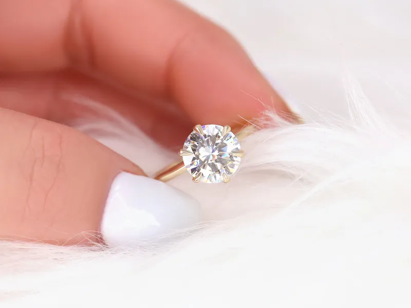 2.70cts Skinny Webster 9mm 14kt Gold Moissanite 6 Prong Dainty Round Solitaire Ring vy 3