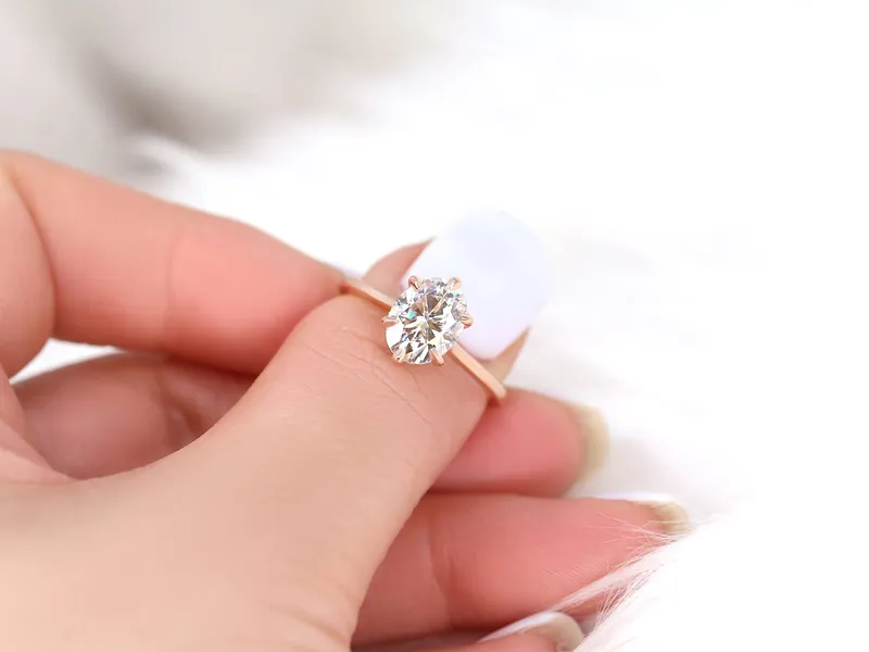 2ct Skinny Lexus 9x7mm 14kt Gold Moissanite Six Prong Oval Solitaire Ring view 3