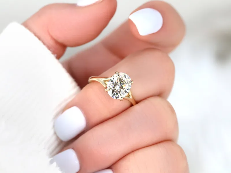 3ct Kai 10x8mm 14kt Gold Moissanite Mermaid Split Shank Oval Solitaire Ring view 2