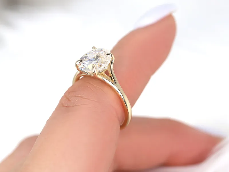 3ct Kai 10x8mm 14kt Gold Moissanite Mermaid Split Shank Oval Solitaire Ring view 4