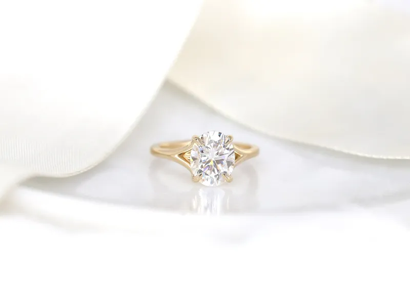 3ct Kai 10x8mm 14kt Gold Moissanite Mermaid Split Shank Oval Solitaire Ring view 5