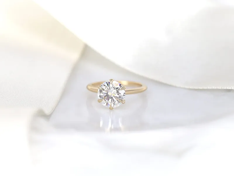 2.70cts Skinny Webster 9mm 14kt Gold Moissanite 6 Prong Dainty Round Solitaire Ring vy 7