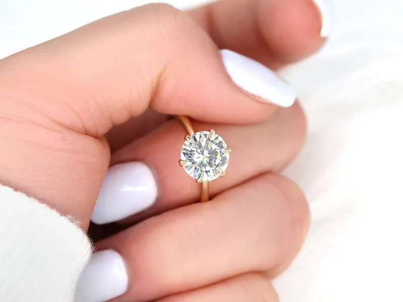 2.70cts Skinny Webster 9mm 14kt Gold Moissanite 6 Prong Dainty Round Solitaire Ring vy 4
