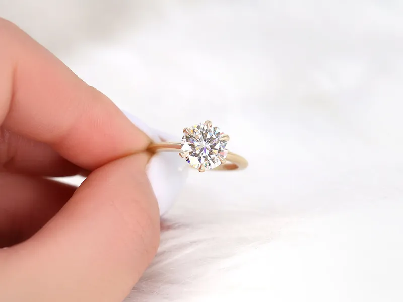 2.70cts Skinny Webster 9mm 14kt Gold Moissanite 6 Prong Dainty Round Solitaire Ring vy 2
