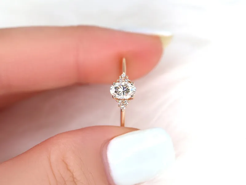 0.50ct Juniper 6x4mm 14kt Gold Moissanite Diamond 3 Stone Oval Engagement Ring vy 5