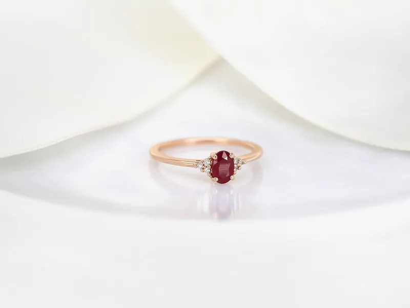 Juniper 6x4mm 14kt Gold Ruby Diamonds 3 Stone Oval Cluster Ring Engagement Ring vy 5