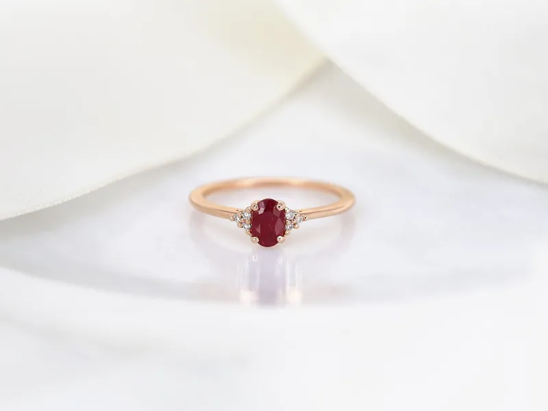 Juniper 6x4mm 14kt Gold Ruby Diamonds 3 Stone Oval Cluster Ring Engagement Ring vy 6
