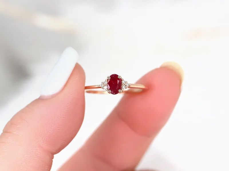 Juniper 6x4mm 14kt Gold Ruby Diamonds 3 Stone Oval Cluster Ring Engagement Ring vy 3