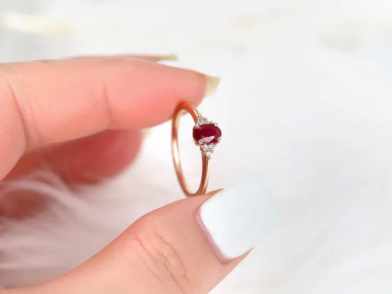 Juniper 6x4mm 14kt Gold Ruby Diamonds 3 Stone Oval Cluster Ring Engagement Ring ruby oval cut engagement ring