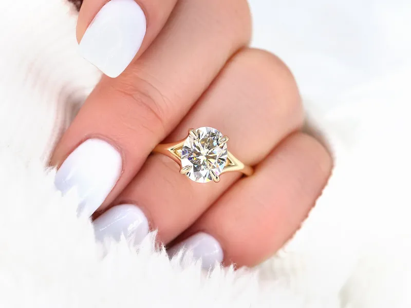 3ct Kai 10x8mm 14kt Gold Moissanite Mermaid Split Shank Oval Solitaire Ring oval cut engagement ring