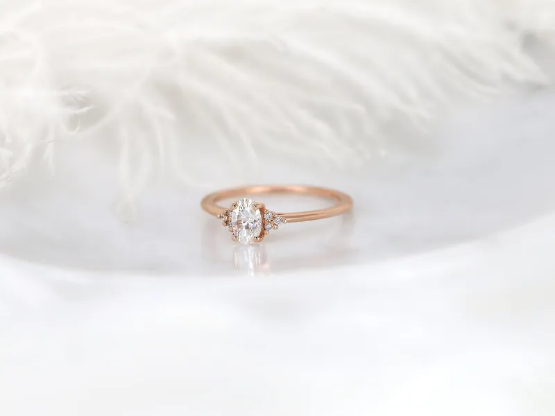 0.50ct Juniper 6x4mm 14kt Gold Moissanite Diamond 3 Stone Oval Engagement Ring vy 7