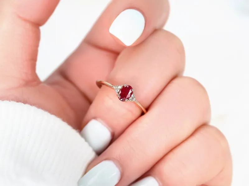 Juniper 6x4mm 14kt Gold Ruby Diamonds 3 Stone Oval Cluster Ring Engagement Ring vy 4