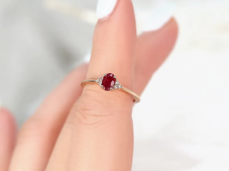 Juniper 6x4mm 14kt Gold Ruby Diamonds 3 Stone Oval Cluster Ring Engagement Ring vy 2