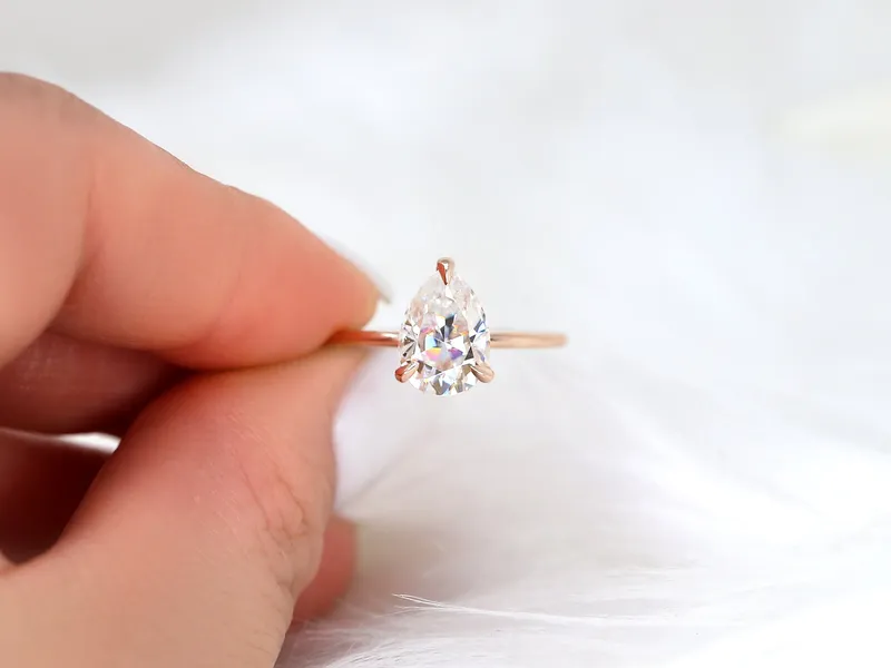 2ct Ryder 10x7mm 14kt Gold Moissanite Talon Prongs Dainty Pear Solitaire Ring vy 5