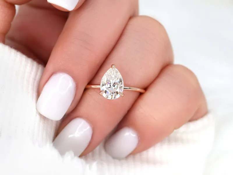 2ct Ryder 10x7mm 14kt Gold Moissanite Talon Prongs Dainty Pear Solitaire Ring vy 3