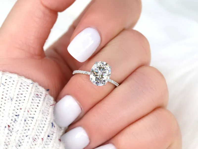3ct Darcy 10x8mm 14kt Gold NEO Moissanite Diamond Dainty Pave Oval Solitaire Ring vy 2