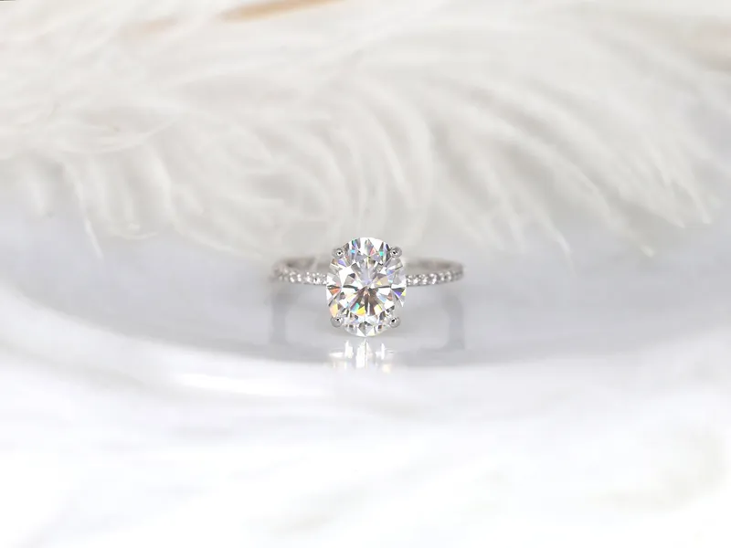 3ct Darcy 10x8mm 14kt Gold NEO Moissanite Diamond Dainty Pave Oval Solitaire Ring vy 4